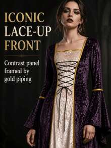 Halloween Cosplay Costume Witch Outfit Women Vampire Costume Lady Medieval Queen Costume Gold Velvet Robe Long Sleeve Renaissance Dress Lace-Up Corset - Purple - View 3