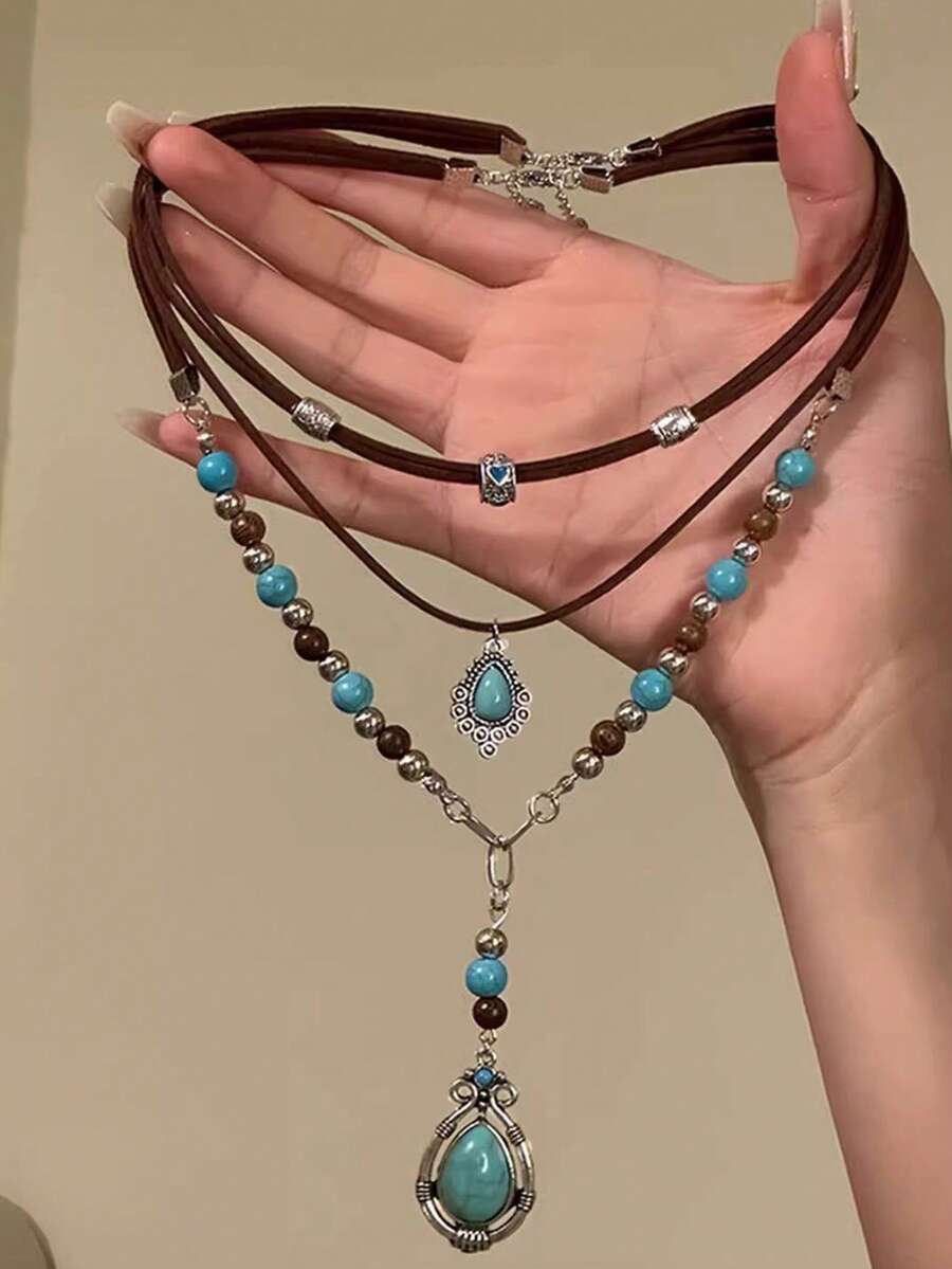 2pcs/Set Bohemian Turquoise Teardrop Layered Necklace Set, Vintage Stackable Necklace, Luxury Beaded Women's Jewelry, Suitable For Daily, Party, Vacation, Gift - Multicolor - View 1