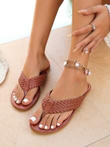 Women's Fashion Beach Flat Flip Flop Sandals, Casual Stylish Outdoor Wear, Summer Sandals, Minimalist Design, Round Toe, Versatile Fairy Style Women's Shoes - Brown - View 7