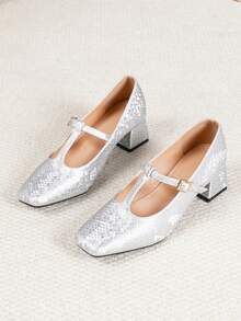 French Style Textured Square Toe T-Strap Women's Shoes With Adjustable Buckle Design, 4.5cm Chunky Heel, Comfortable For Long Wear, Versatile For Work And Parties - Silver - View 7