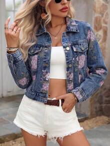 Jaket Denim Wanita Lengan Pendek Panjang Bermotif, Katun Berkualitas untuk Liburan Kasual - Biru - View 4