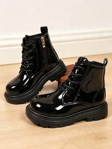 1 Pair Shiny Side Zipper Kids Boots, Soft PU Round Toe Elastic Thick Sole Design, Fashion Minimalist Short Leather Boots, Suitable For Daily School, Holidays, Parties, Autumn/Winter New Style - Black - View 3