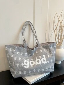 女款休閒星星印花托特包，大容量開口帆布單肩包，適合日常通勤、購物、上學與旅行的多功能手提包 - 灰色 - 查看 3
