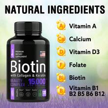 Biotin 15000mcg Beauty Complex Capsules, With Fish Collagen & Hydrolyzed Keratin, MSM Bamboo Grape Seed Extract, Multi‑Vitamin Dietary Supplement For Healthy  Skin Nails Support, 120 Capsules - 1 瓶 - 查看 3