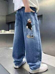 Teen Boy Spring Fashion Loose Fit Character Print Denim Jeans With Pockets - Blue - View 1