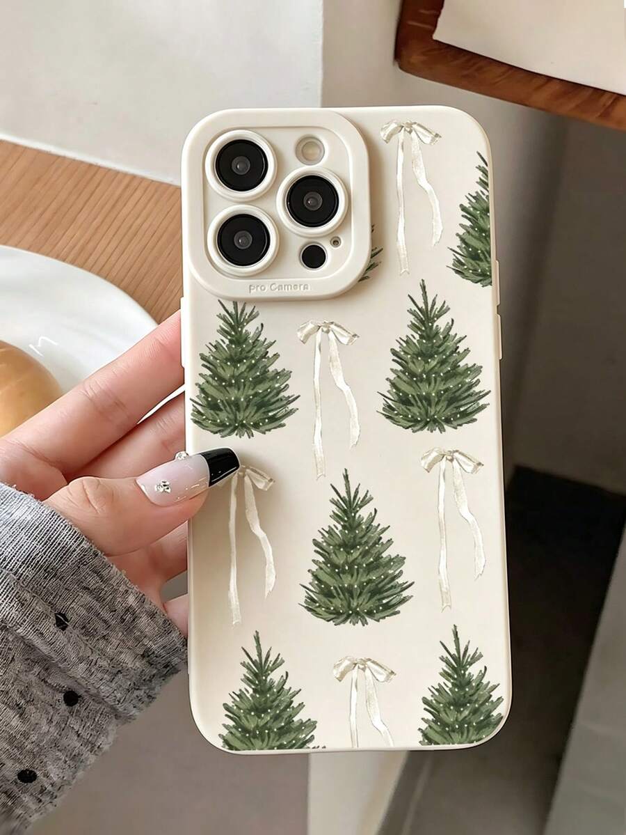 Fashionable Cute Christmas Tree Bow Design Phone Case Compatible With IPhone18/18Pro/18ProMax/17/17Pro/17ProMax/16/16Pro/16ProMax/15/14/13/12/11 Camera Protection, Phone Case Protection, Gift, Phone Case With Plants, Skiing Phone, Coconut Tree Pattern, Christmas Gift - Beige - View 1