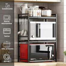 Rejilla extensible de 3 niveles para horno microondas de cocina color negro, organizador multifuncional para electrodomésticos, platos, especias y utensilios, diseño ajustable que aprovecha el espacio vertical de la encimera, estructura resistente y estable, ideal para cocinas pequeñas, fácil de montar y limpiar, - Negro - Ver 6