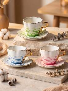 DearDali 2pcs (1cup+1saucer) 80ML Gradient Gold Rim Petal Ceramic Cup And Saucer Set, French Style Teacup, Luxury Porcelain Cup, Exquisite Lace Tableware, Arabic Coffee Cup, Suitable For Coffee Or Tea, Fun Gift Cup For Friends - Multicolor - View 9