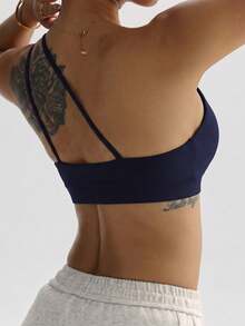 Women's Black Removable Padded Shoulder Knit Sports Bra Fall - Navy Blue - View 2