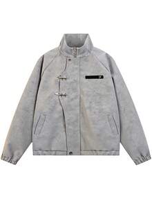 New Chinese Style Retro Casual Stand Collar PU Jacket With Asymmetrical Metal Buckle, Niche High-End Matte Faux Deerskin, Unisex Spring/Autumn - Grey - View 2