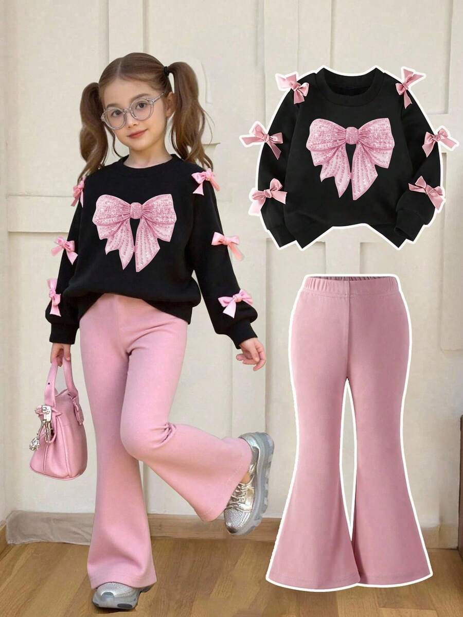Young Girl Bow Print Round Neck Long Sleeve Top And Flared Pants Set - Black - View 1