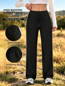 Women's Spring/Summer High Waist Drawstring Wide Leg Sports Pants With Pockets, Elastic Butt-Lifting Yoga Fitness Training Long Pants Black Fall - Black - View 1