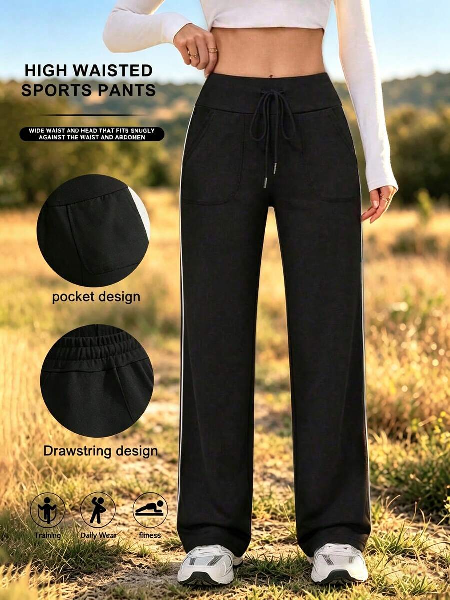Women's Spring/Summer High Waist Drawstring Wide Leg Sports Pants With Pockets, Elastic Butt-Lifting Yoga Fitness Training Long Pants Black Fall - Black - View 1