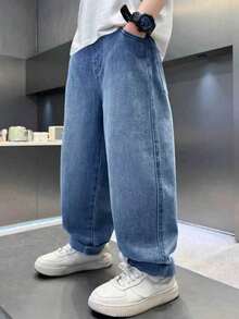 Teen Boy Spring Fashion Loose Fit Character Print Denim Jeans With Pockets - Blue - View 2