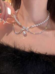 Kalung Pita Manik Mutiara yang Menawan, Aksesori Kalung Pesta Modis, Kalung Hadiah Ulang Tahun untuk Pacar - Perak - View 4