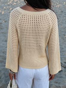 Yepolly-Pop Women For Autumn Elegant Cream Crochet Knit Cardigan, V-Neck 3D Floral Bell Sleeve, Office Daily Party Date Back To School - Apricot - View 5