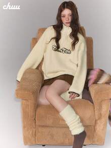 CHUU Letter Embroidered Long Sleeve Knit Sweater Women Autumn/Winter Faux Wool Loop Contrast Color Pullover Loose Fit - Apricot - View 4