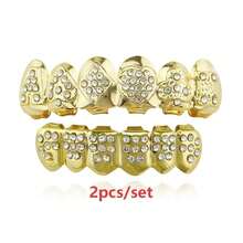 2件組金色牙套 Grillz，鑲鑽冰感嘻哈牙飾，亮金牙套時尚配件，適合男女派對佩戴 - 彩色 - 查看 9