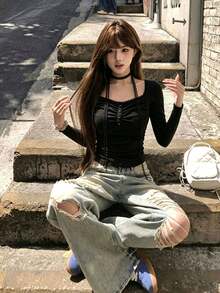 Korean Style Minimalist Sexy Slimming Versatile Lace Long Sleeve T-Shirt Base Layer Top For Women - Black - View 4