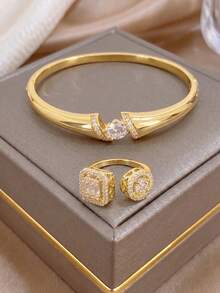 Solitär-Runddiamant offener Goldarmreif & Zweistiliger Cut Out Halo-Zirkonia-Ring Schmuckset, luxuriöser Hochzeits-Braut-Schmuck - Verschiedenfarbig - Übersicht 3