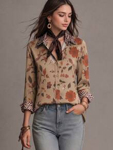 Women's Autumn Random Floral Print Pattern Top With Leopard Print Cuff Design, Fashionable Elegant Casual Commute Daily Wear Shirt For Autumn/Winter - Light Brown - View 3