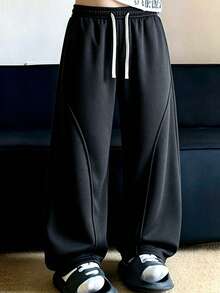 Solid Color Curved Split Wide Leg Sweatpants For Men, Drape Knit Fabric, Contrast White Double Drawstring, 3D Curved Stitching Tailoring, Loose Drape, Basic Loose Long Pants, Unisex - Black - View 5