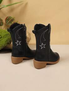 1 Pair Brown Mid-Calf Girls' Vintage Embroidered Fashion Western Cowboy Boots - Black - View 5