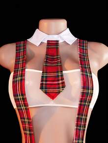4-Piece Set Of Contrasting Color Plaid College-Style Cosplay Costume, Hollow-Out Strapless Dress, Sexy Thong And Tie - Red - View 5