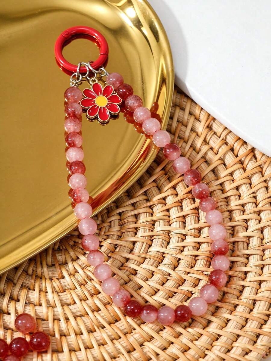 Cute Red Daisy Phone Lanyard, Sweet Red & Pink Beaded Phone Strap, Aesthetic Floral Wristband - Multicolor - View 1