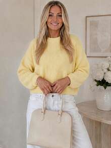 Wixra Women's Cream Yellow Waffle Ribbed Crew Neck Sweater Loose Drop Shoulder Long Sleeve Pullover - Yellow - View 4