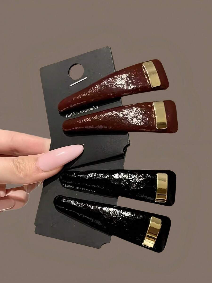 2件組女款新式復古皮革髮夾，時尚側分瀏海夾，可用於理順頭髮，單頭髮飾 - 彩色 - 查看 1