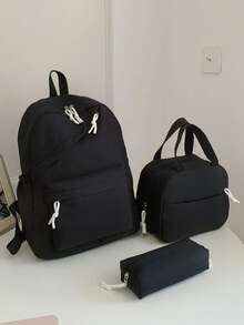 Mochila de estudiante versátil de moda para mujer de unicolor con combinación de doble espalda - Negro - Ver 3