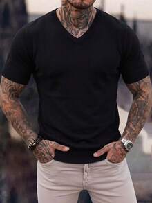Men's Solid Color V-Neck Short Sleeve Knit Sweater, Simple Commuter Thin Pullover Top, Business Casual Short Sleeve T-Shirt, Spring/Autumn - Black - View 3