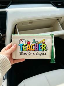 Vintage Green Ribbon Handbag With "Teacher" Letter Element And Tassel Mini Makeup Bag. Gift For Teachers, Teacher Letter Pattern, Matching Mini Storage Bag - Daily Commute, Shopping, Spring Outing, Travel Handbag Set, Foldable Handbag Summer Winter Essential Item For Shopping And Daily Use Suitable For Travelers And Teachers Daily Commute, Easter, Mother's Day, Teacher's Day, Spring Summer Gift Vacation And Perfect Choice For Gifting. - Green - View 7