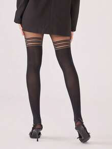1 Stück Damen 30D Kunst-Oberschenkel-Strumpfhose mit silbernen Streifen, Pailletten, glänzend, Nylon-Mischung, dehnbar, schmal geschnitten, sexy Strumpfhose für den Alltag und Date Night - Schwarz - Übersicht 5