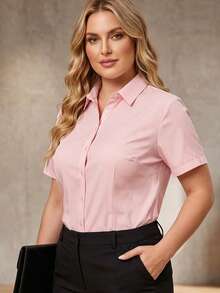 Plus Size Women Business Shirts Professional Daily Short Sleeve Blouse - Pink - View 1