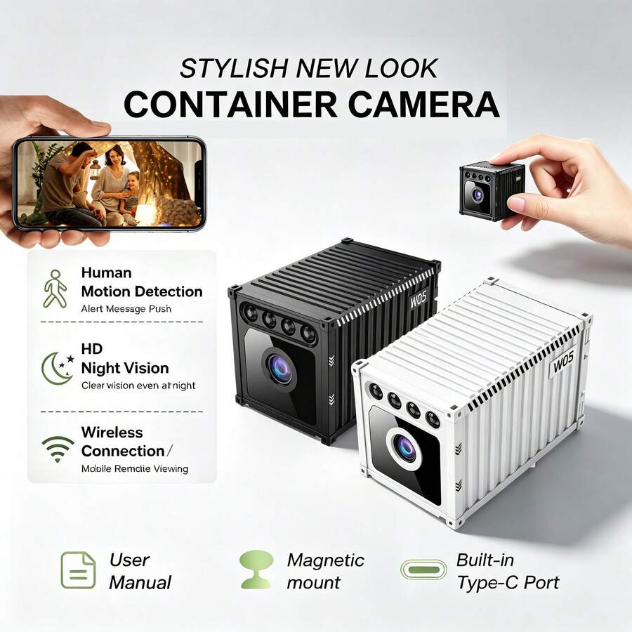 Kamera Pengawasan HD 1080P Nirkabel, Kamera WiFi Nirkabel dengan Baterai 800mAh, Konektivitas Aplikasi Smartphone, Penglihatan Malam, Deteksi Gerakan, Pengisian Daya Melalui Type-C, Berbagi Video Langsung, Penyimpanan Cloud Opsional.
