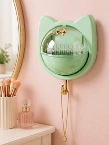 1pc Cat Ear Wall-Mounted Storage Box With Flip Lid And Hook, No-Drill Waterproof Plastic Organizer Shelf For Bathroom, Bedroom, Kitchen, Multi-Function Cosmetic, Jewelry, Cotton Swab Storage, Dust-Proof Space-Saving Organizer - Multicolor - View 4
