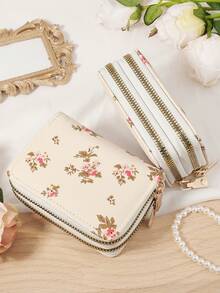 Fashionable Women's Printed Simple Wallet, Coin Bag, Double Zipper Portable Short Bag, Large Capacity Multifunctional Card Bag Wallet - Beige - View 2
