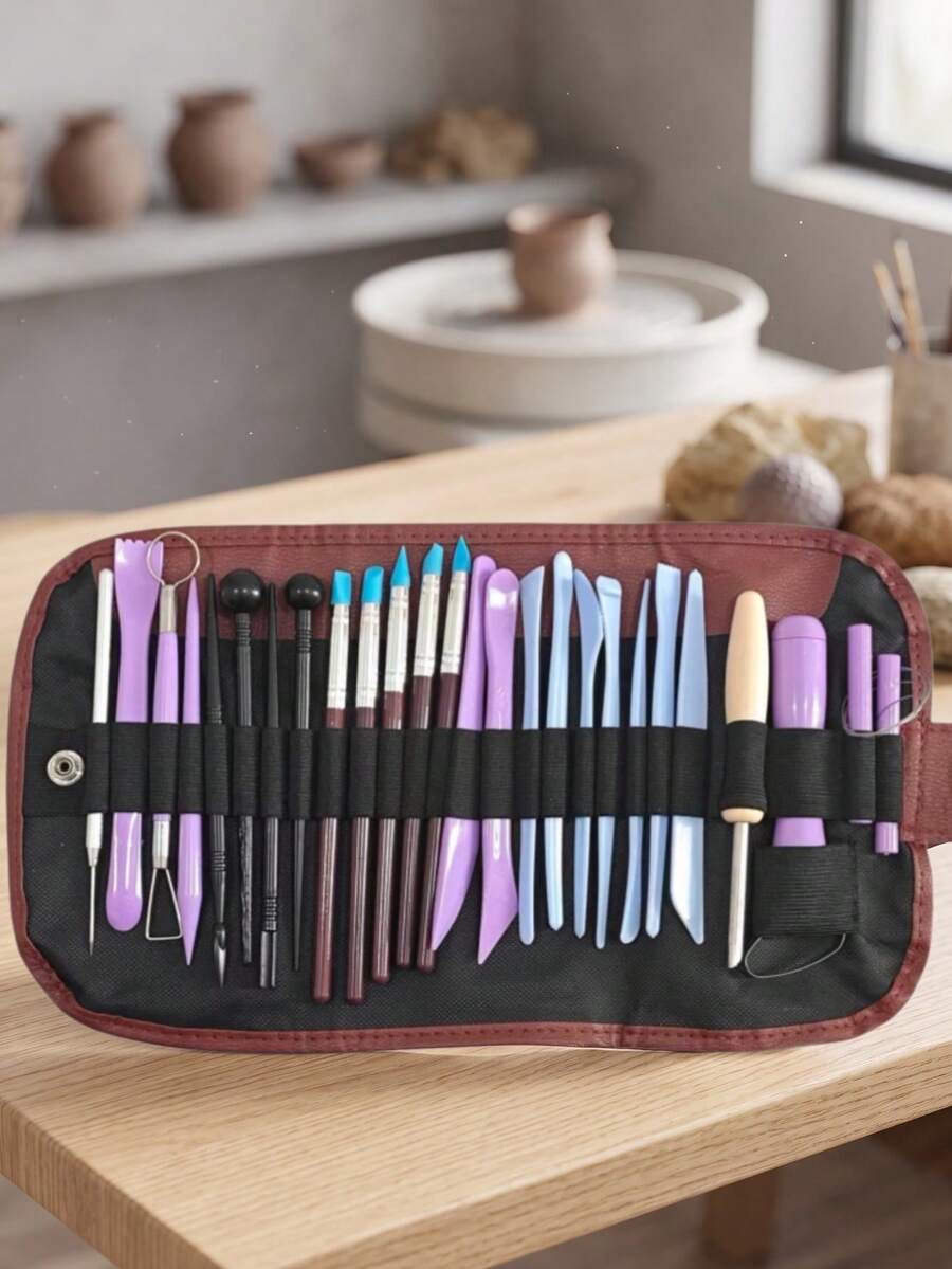26Pcs Pottery Clay Sculpting Tools Set With Roll Up Bag Stainless Steel Double Ended For Carving Modeling - Multicolor - View 1