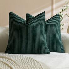 1/2pcs Set Cushion Covers, Dark Green Corduroy Striped Pattern, Decorative Cushion Covers, Sofa Cushions, Sofa Cushions, Decorative Cushion Covers, Office, Living Room - Dark Green - View 13