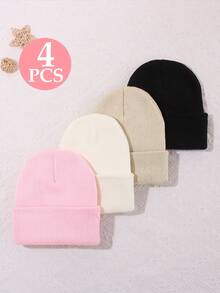 4pcs Multicolor Children's Folded Knit Hats, Soft Elastic Warm Winter Hats, Suitable For Boys And Girls, For Cold Weather Skiing Cycling Outdoor Wear - Knitted Hat - View 6