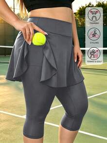 Plus Size Women's High Waist Leggings, 2-In-1 Skorts, With Inner Pockets, Capri Length Yoga Pants, Suitable For Sports, Tennis And Golf - Dark Grey - View 3