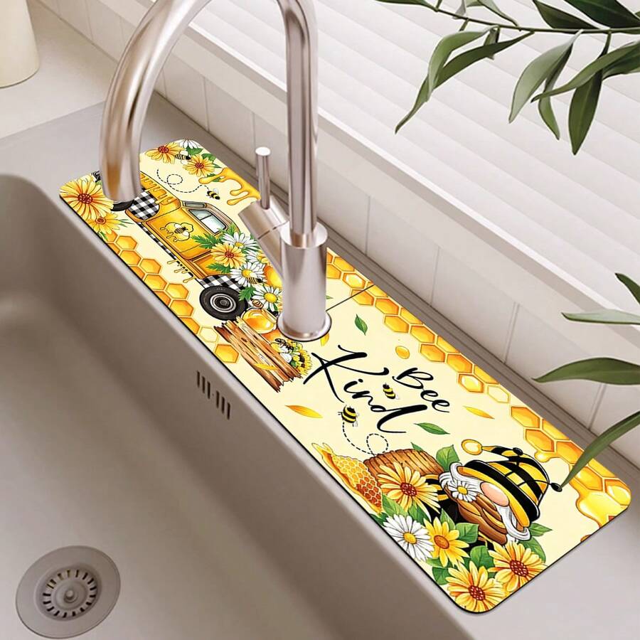 1件裝秋季蜜蜂蜂巢花卉圖案橡膠水龍頭防濺護墊,浴室水龍頭防濺墊,防泥墊,防潮防滑水龍頭墊,廚房檯面配件,保護您的廚房檯面 - 彩色 - 查看 1