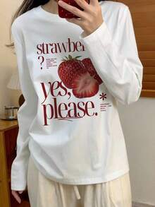 American Vintage Strawberry Print Fitted Long Sleeve Crew Neck Design Early Autumn Brightening Slimming Gentle Style Base Layer Top - White - View 3