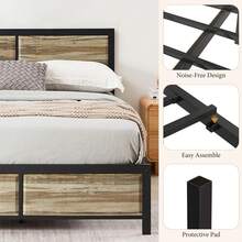 VECELO Single Size Bed Frame With Wooden Headboard And Footboard, Metal Platform Bed, Easy To Assembly - Khaki - View 2