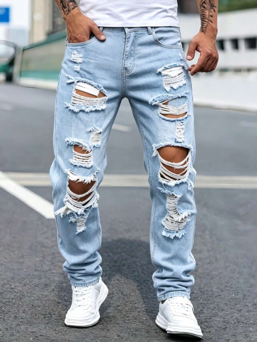 Jeans desgastados rotos para hombre, estilo relajado, mezclilla transpirable, no causa incomodidad en uso prolongado, ideal para todo el día, envío México UDPJN - Azul - Ver 1