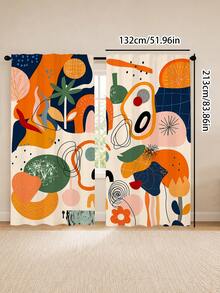 2Pcs Abstract Geometric Art Curtains, Modern Style Color Block Asymmetrical Line Print Pattern, Semi-Sheer Rod Pocket Curtains, Suitable For Living Room And Bedroom, Rod Not Included - Multicolor - View 13