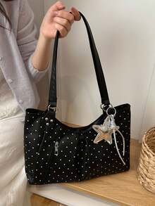 Nicekee Contrasting Polka Dot Pleated Tote Bag, Paired With Star Hanging Decorations, Large Capacity Casual Versatile Shoulder Bag, Suitable Commuting - Multicolor - View 8