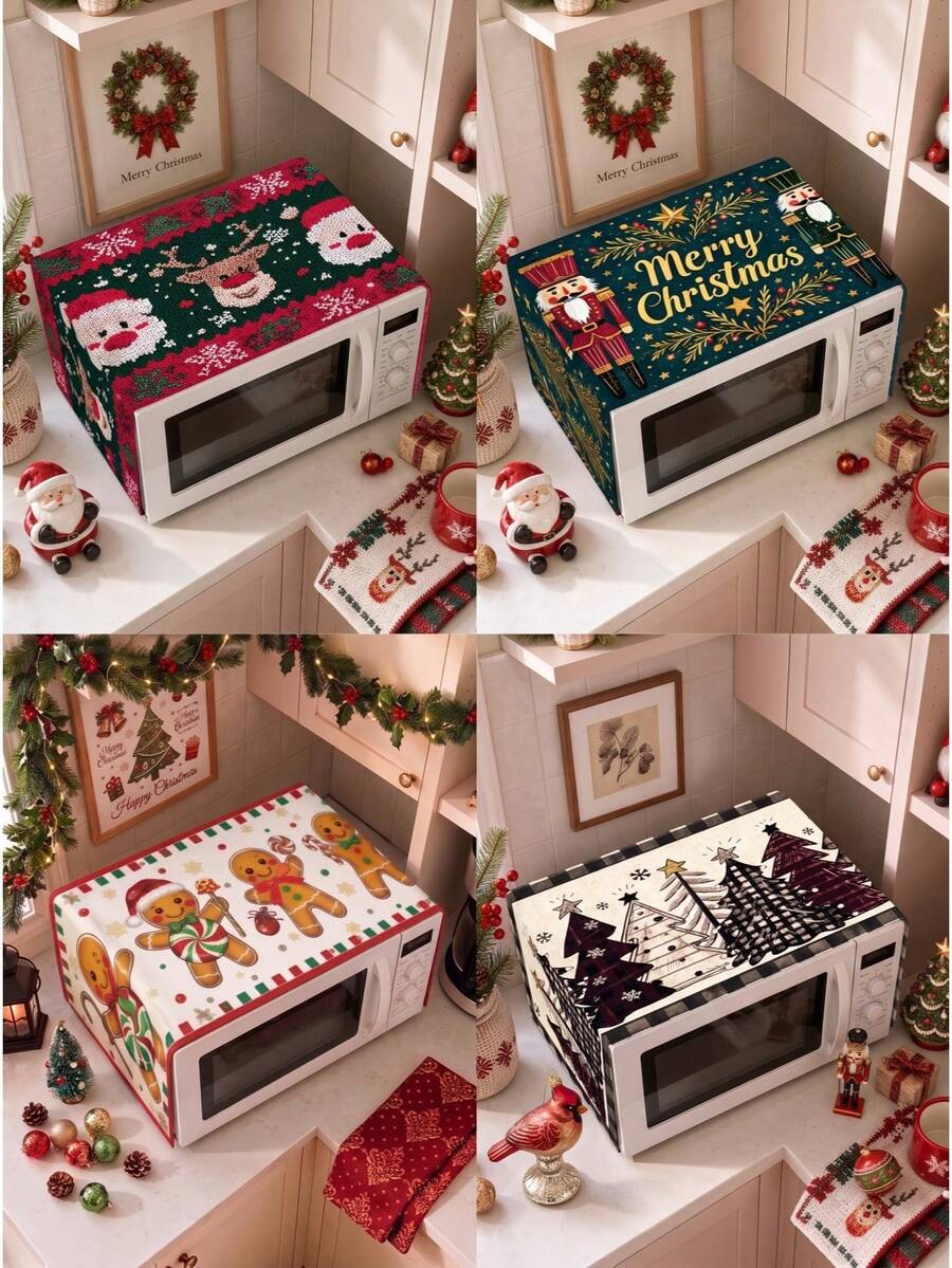 1pc Christmas Microwave Oven Dust Cover Including Christmas Tree Grid, Walnut Soldier, Gingerbread Man, Cartoon Santa Claus & Reindeer Style, Decorative Kitchen Appliance Cover, Christmas Decorations For Home, Kitchen Decor, Merry Christmas Party Decor, Christmas Gift, Xmas Decor, Easy To Clean, Anti-Fouling